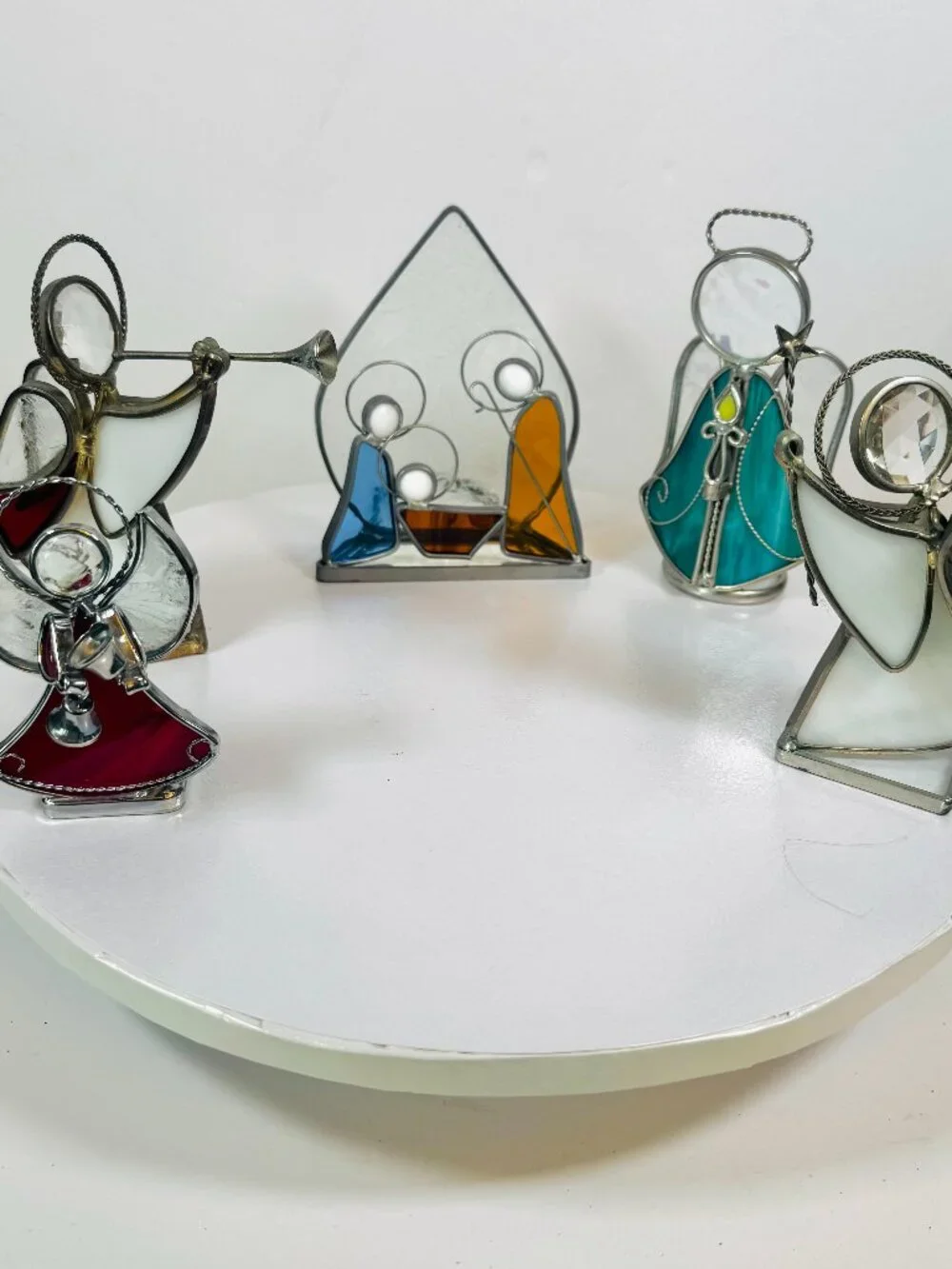 Vtg Stained Glass Angels & Nativity Tealight Candle holder 5.5